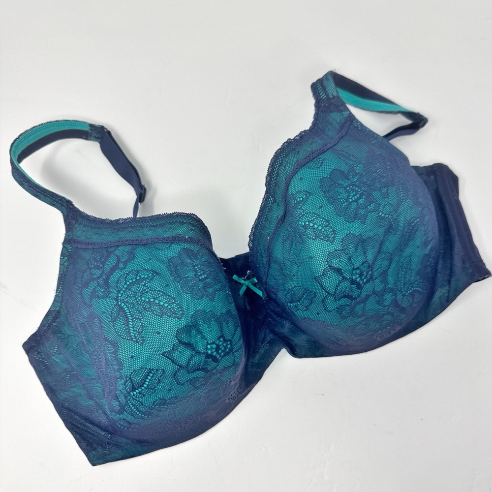 Cacique Allover Modern Lace Balconette Bra Navy Turquoise Size 42DDD